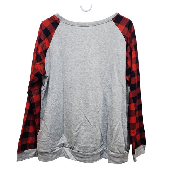 Christmas Graphic Raglan Womens Shirt Plaid Sleeves Gray/Red Size 2XL Womens Top - Picture 2 of 6